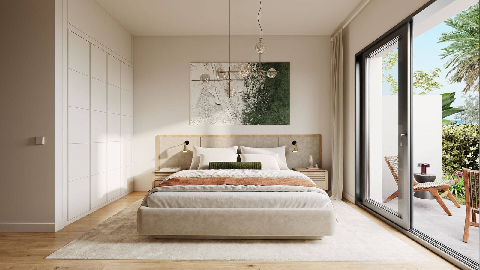 Stilfuldt soveværelse med balkon på Alura Living.