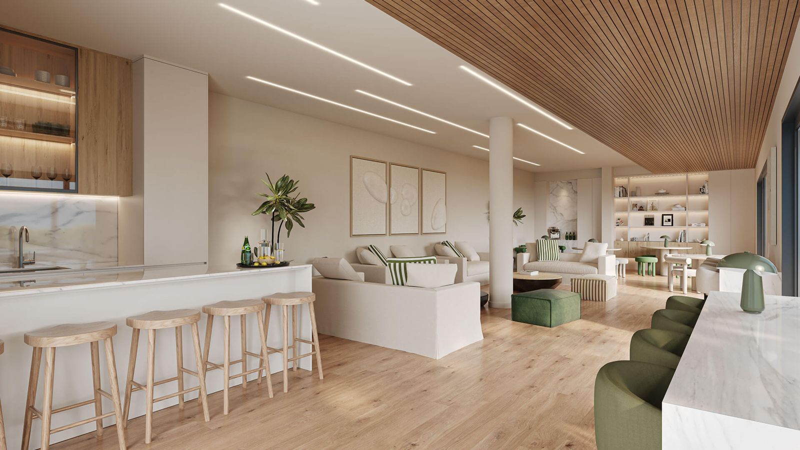 Moderne åbent opholdsrum med trædetaljer og grønne detaljer.